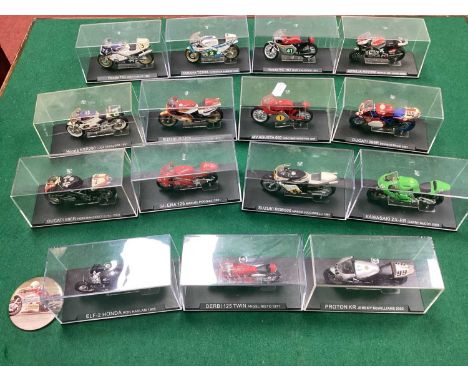 Fifteen 1:24th Scale Diecast Model Motorcycles to include Honda 750 Joey Dunlop 1985, cased.