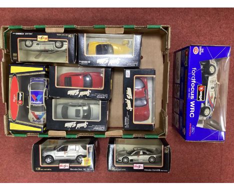 Nine 1:24 / 1:18 / 1:26 Scale Diecast Model Cars by Burago, Maisto to include Maisto Corvette (1997), Mercedes CLK-GTR, condi