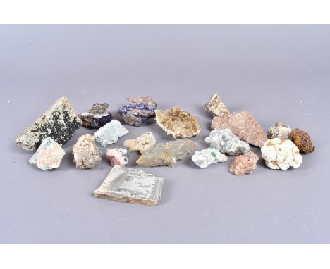 A collection of rocks and minerals, including Palygoskite, Rhodochrosite, Garnet, Blue Quartz, Calcite, Gypsum Rose with Basa