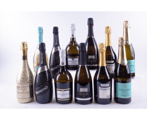 TWELVE BOTTLES PROSECCOSensi Vigne e Vini "18K" Brut 2022; Fratelli Martini Secondo Luigi Canti Liberty Dolce NV; Mionetto 2 