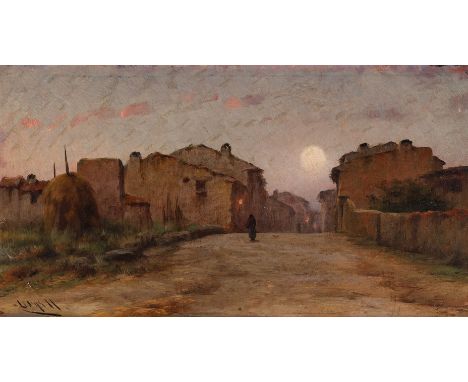 MODEST URGELL INGLADA (Barcelona, 1839 - 1919)."Rural Landscape with a Figure.Oil on panel.Signed in the lower left corner.Si