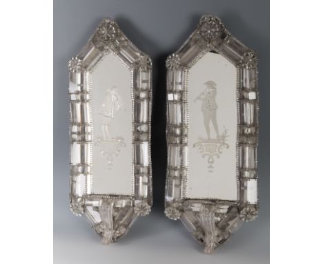 Pair of 18th century Venetian mirrors.Murano glass decorated with acid-etched depictions of musicians.It presents slight faul