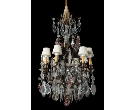 Murano glass ceiling lamp. Italy, first half of the 20th century.Metal and coloured glass decorations.Some flaws in the glass