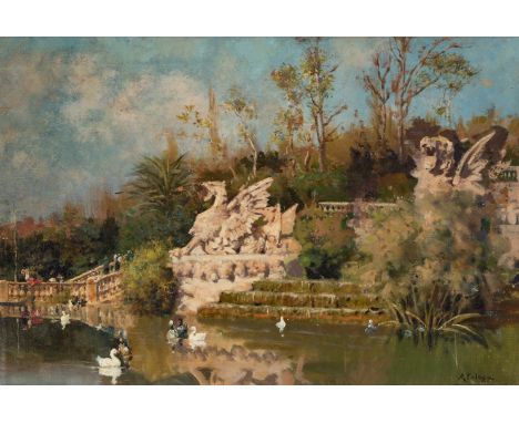 AURELIO TOLOSA Y ALSINA (Barcelona, 1861 - 1938)."Waterfall in the park of the Citadel of Barcelona".Oil on canvas.Signed in 