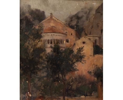 Catalan school of the 19th century."Monastery".Oil on cardboard.Size: 27 x 22 cm; 37 x 31 cm (frame).In this canvas the autho