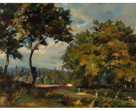 RAMÓN BARNADAS FÁBREGAS (Olot, Girona, 1909 - Vic, Barcelona, 1981)."Landscape with figures".Oil on canvas.Signed in the lowe