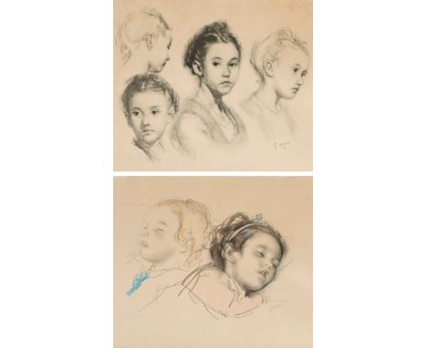 FRANCESC SERRA CASTELLET (Barcelona, 1912 - Tossa, 1976)."Girl sleeping" and "Girls".Two charcoal sketches and coloured penci