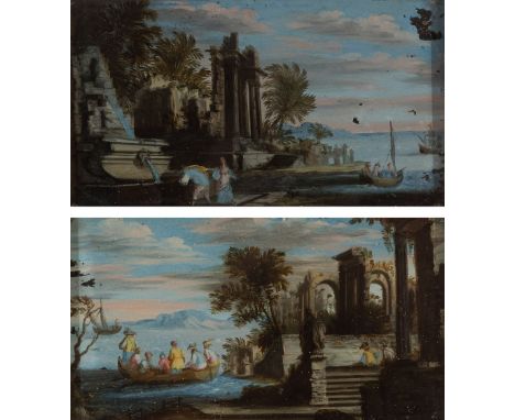 Neapolitan school of the second half of the 18th century."Caprices of classical ruins".Pair of oil paintings on glass. Frames