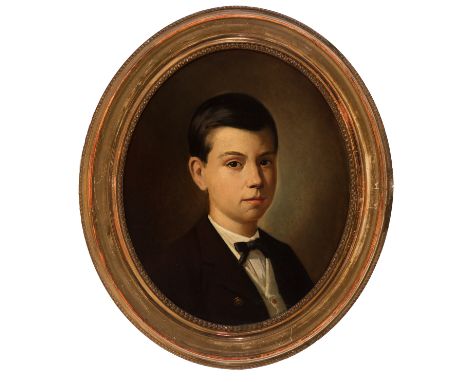 Spanish school of the second half of the 19th century."Portrait of a child".Oil on oval cardboard.Frame with xylophages and s