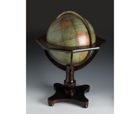 Abel Klinger globe from the 19th century.Wood, paper and metal.It has old xylophages on the base. It presents faults and wear