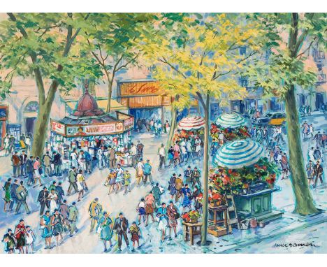 RAMÓN LÓPEZ MUÑOZ, (Barcelona, 1905 - 1983)."La Rambla de les Flors. Barcelona".Oil on canvas.Signed in the lower right corne
