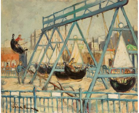 NÚRIA LLIMONA RAIMAT (Barcelona, 1917 - 2011)."Fairground Attraction".Oil on canvas.Signed in the lower left corner.Size: 55 