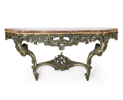 Baroque style wall console, 19th century.Carved and polychrome wood. Marble veining on the top.It shows wear due to use and t