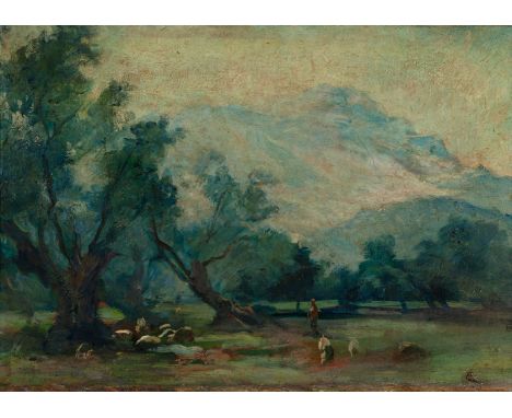 Catalan school of the late 19th century."Mountain landscape with figures".Oil on canvas.With annotation on the back "Santasus