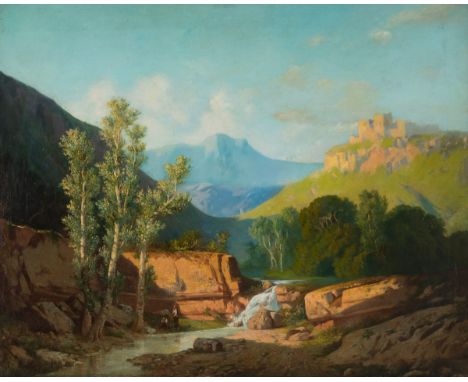 LLUIS RIGALT I FARRIOLS (Barcelona, 1814 - 1894)."Landscape with figures".Oil on canvas.Signed and dated in the lower right c