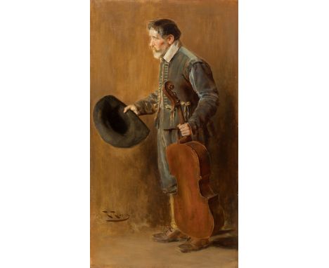 ROMAN RIBERA CIRERA (Barcelona, 1848 - 1935)."Musician with cello".Oil on canvas.Signed in the lower left corner.Size: 60 x 3