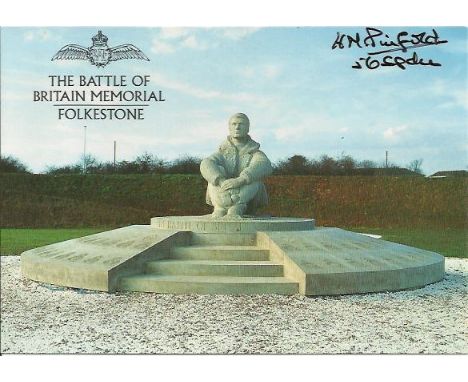 H M Pinfold 56 sqdn BOB pilot Signed 6 x 4 colour postcard of the Battle of Britain Memorial in Folkestone. Good condition