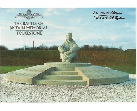 H M Heron 266 Sqn BOB pilot Signed 6 x 4 colour postcard of the Battle of Britain Memorial in Folkestone. Good condition