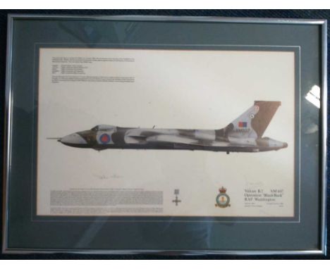 Vulcan Print 50cm x 40cm framed and mounted print Vulcan B2 XM 607 Operation black Buck RAF Waddington. 1000 signed by Grp Ca