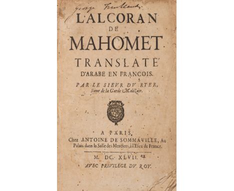 Ryer (André du) L'Alcoran de Mahomet. Translaté d'Arabe en François, first edition in French, title with woodcut royal arms, 
