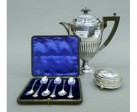 A Mappin and Webb silver-plated coffee pot, a cased set of silver teaspoons and a silver box. The former 23 cm high. The spoo