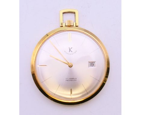 A Worcester gold plated open face pocket watch. 4.2 cm diameter.