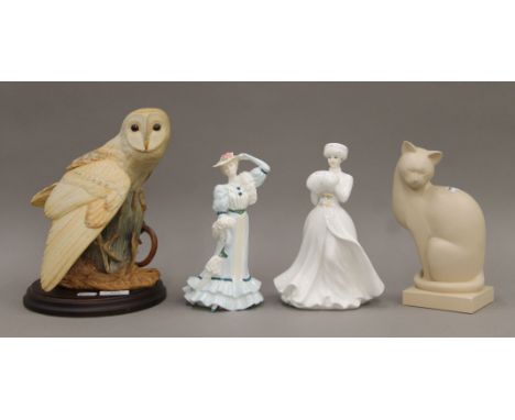 Two porcelain figurines, one Royal Doulton, the other Coalport and a model of a cat and a model of an owl. The owl 28 cm high