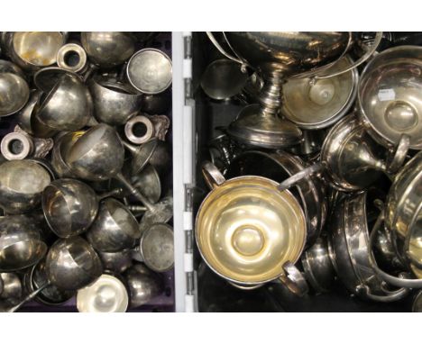 Two boxes of various silver-plated trophy cups, goblets etc from the mess of the 35th Engineer Regiment etc. The largest 29 c