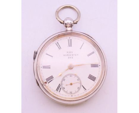 A silver open face pocket watch, the dial inscribed KAY Worcester 342. 5 cm diameter.
