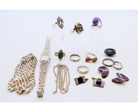 A quantity of silver jewellery to include rings, chains, cufflinks and an Accurist ladies wristwatch.