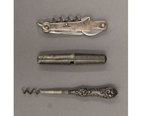 Three silver corkscrews: pocket roundlet, multi-tool pocket knife and a perfume bottle screw.