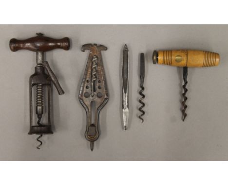 Three corkscrews: a combination tool reg. 689051, a Preston and Sons Exchangeable shaft and a standard helix Speed Worm toget