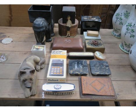 SUNDRY LOT INCLUDING JAT REGIMENT CIGARETTE BOX, JAPANESE BLACK LACQUERED TEA CADDY, SMALL BLOTTER AND NODDING DOG, ETC. 