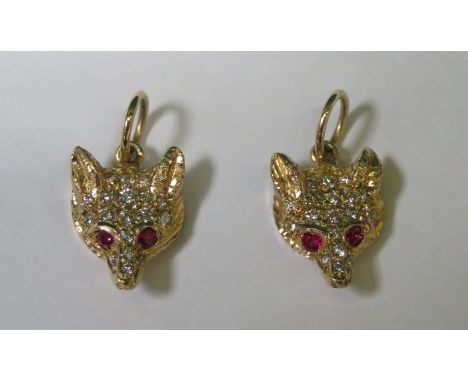PAIR OF PRETTY 9ct GOLD DIAMOND SET FOX HEAD EARRINGS SET WITH RUBY COLOURED STONES BY ROSEMARY HETHERINGTON