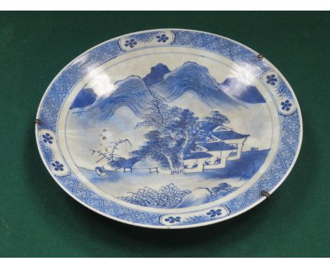 ORIENTAL STYLE GLAZED BLUE AND WHITE CERAMIC CIRCULAR PLAQUE, DIAMETER APPROXIMATELY 30cm 