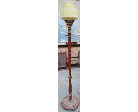 ART DECO  MAHOGANY AND COPPER STANDARD LAMP WITH GLASS SHADE 