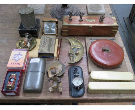 MIXED LOT OF SUNDRIES INCLUDING TAPE MEASURE, BRASSWARE, BRUSHES, TRAVEL CLOCK AND COMPASS, ETC. 