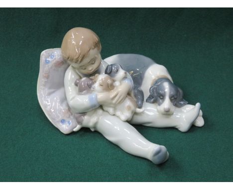 LLADRO GLAZED CERAMIC FIGURE OF A BOY WITH PUPPIES 