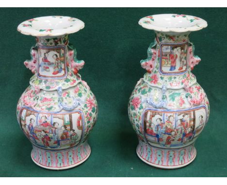 PAIR OF CANTONESE CERAMIC VASES, HANDPAINTED WITH ORIENTAL SCENES (AT FAULT), APPROXIMATELY 33cm HIGH 