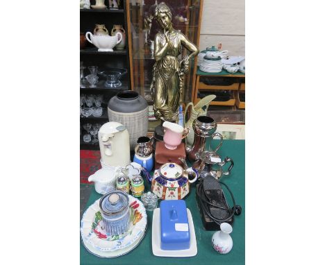 PARCEL OF SUNDRIES INCLUDING GILDED FIGURINE, IRISH POTTERY VASE, CAMERA, ETC. 