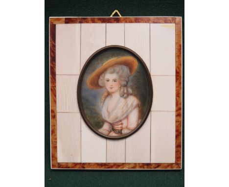 HANDPAINTED OVAL MINIATURE PORTRAIT WITH IVORY KEY AND TORTOISE SHELL FRAME