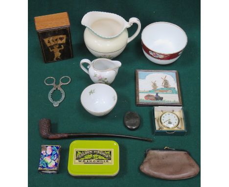 SUNDRY LOT INCLUDING INLAID CARD BOX WITH CARDS, VARIOUS CERAMICS AND PIPE, SMITHS CLOCK, ETC.- PLEASE NOTE DELFT TILE HAS BE
