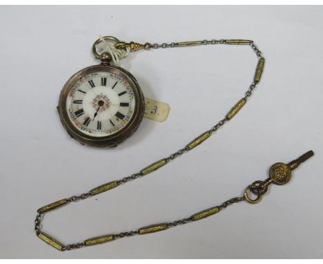 HALLMARKED SILVER AND ENAMELLED FOB WATCH AND CHAIN 