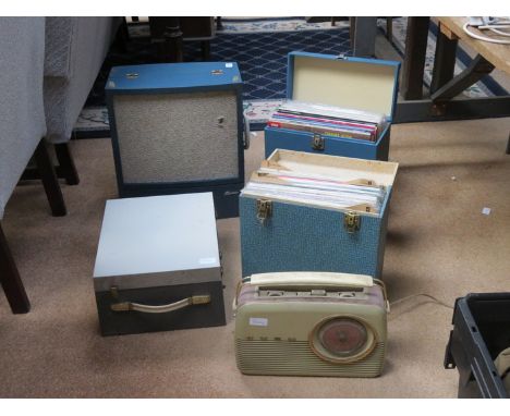 BUSH RADIO, BLUE RECORD PLAYER AND QUANTITY OF VARIOUS RECORDS.  ALSO ECKO TAPE TO TAPE RECORDER