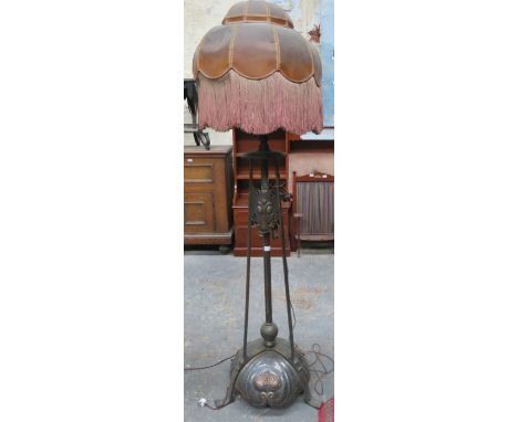 ART NOUVEAU STYLE COPPER AND BRASS STANDARD LAMP WITH SHADE 
