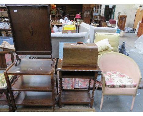 MIXED LOT INCLUDING FIRESCREEN, TEA TROLLEY, SEWING MACHINE, BARLEY TWIST OCCASIONAL TABLE AND LLOYD LOOM STYLE COMMODE 