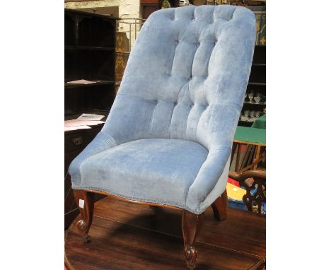 ANTIQUES MAHOGANY BLUE UPHOLSTERED BUTTON BACK LOW SEATED NURSING CHAIR 