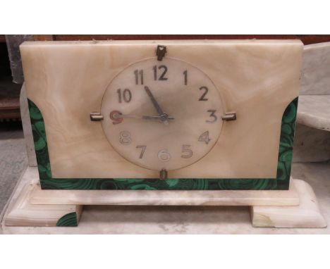ART DECO STYLE ONYX AND MALACHITE MANTEL CLOCK 