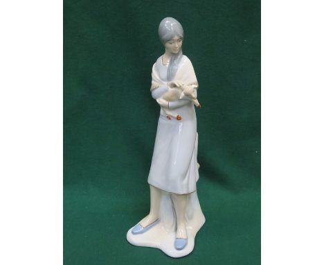 GLAZED CERAMIC LLADRO STYLE FIGURE OF A LADY WITH LAMP, APPROXIMATELY 38.5cm HIGH