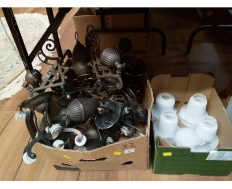 Two boxes of metal light fittings with white shades 